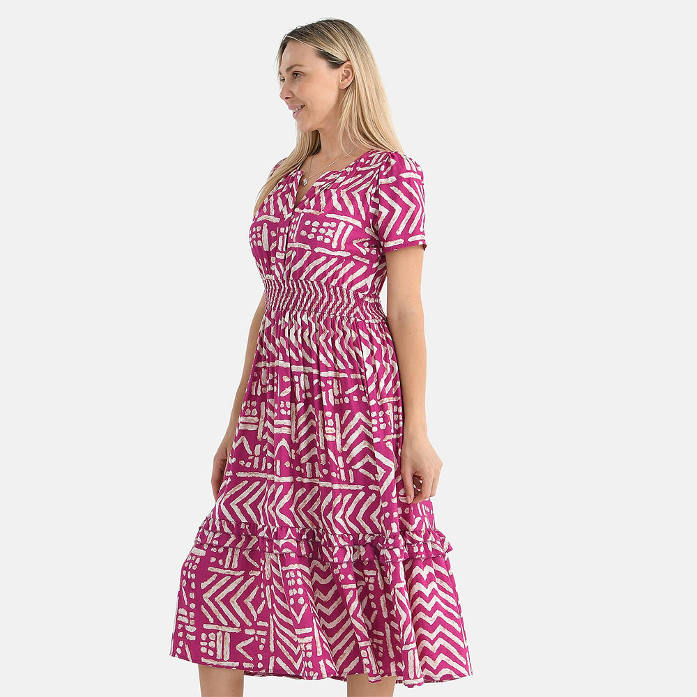 - Maisi Womens Viscose Tribal Pattern Tiered Summer Midi Dress (Size XL) - Pink