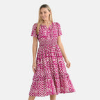 - Maisi Womens Viscose Tribal Pattern Tiered Summer Midi Dress (Size XL) - Pink