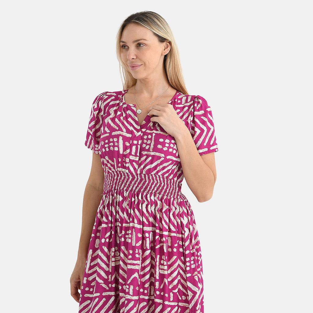 - Maisi Womens Viscose Tribal Pattern Tiered Summer Midi Dress (Size XL) - Pink