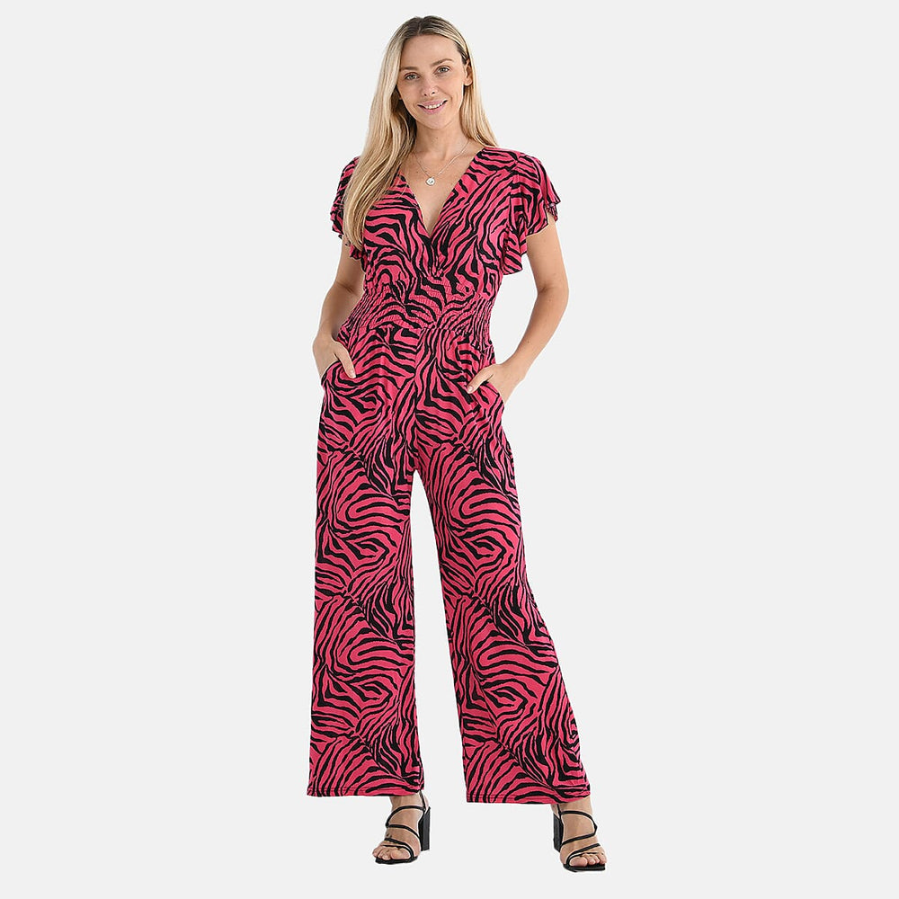 - Maisi Smocked Waist Stretch Jersey V-Neck Jumpsuit (Size M) - Black - Pink