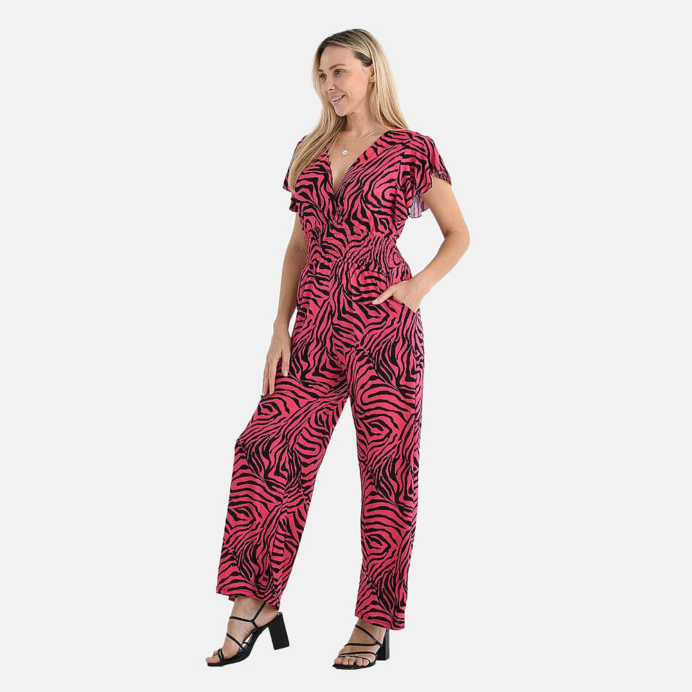 - Maisi Smocked Waist Stretch Jersey V-Neck Jumpsuit (Size M) - Black - Pink