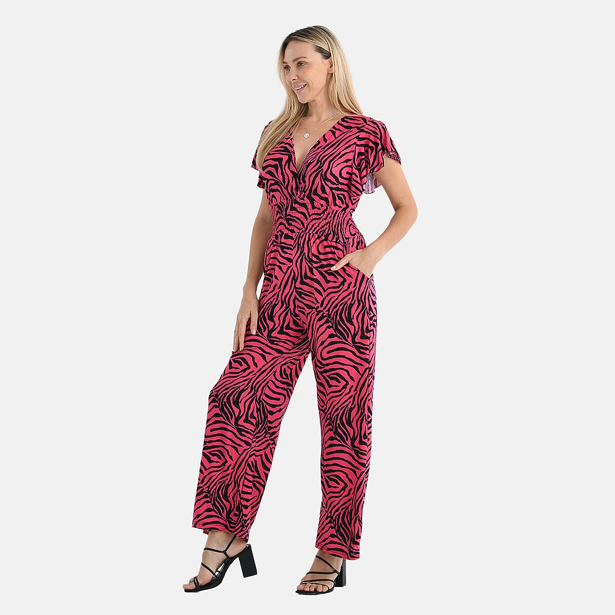 - Maisi Smocked Waist Stretch Jersey V-Neck Jumpsuit (Size M) - Black - Pink