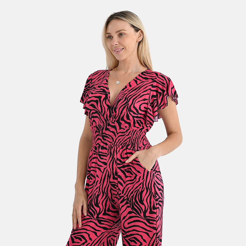 - Maisi Smocked Waist Stretch Jersey V-Neck Jumpsuit (Size M) - Black - Pink