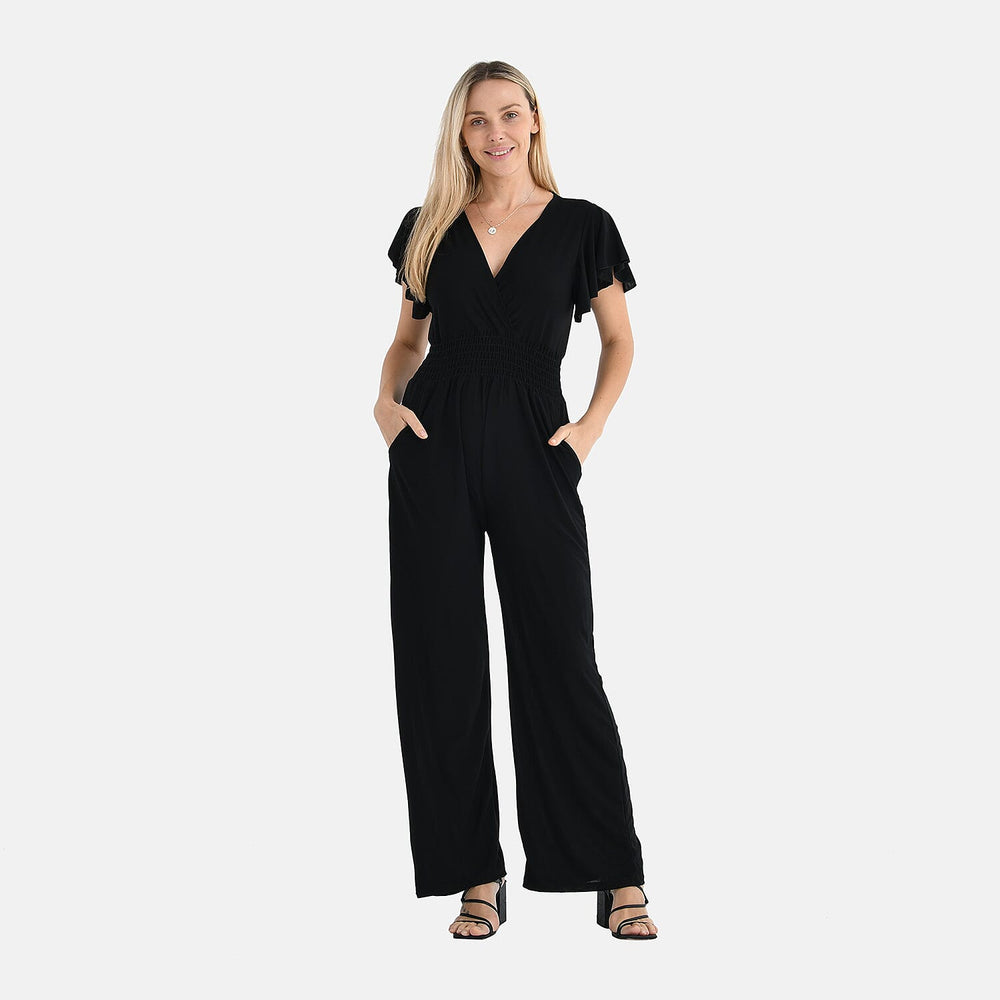 - Maisi Smocked Waist Stretch Jersey V-Neck Jumpsuit (Size XL) - Black