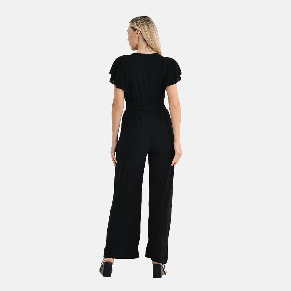 - Maisi Smocked Waist Stretch Jersey V-Neck Jumpsuit (Size XL) - Black