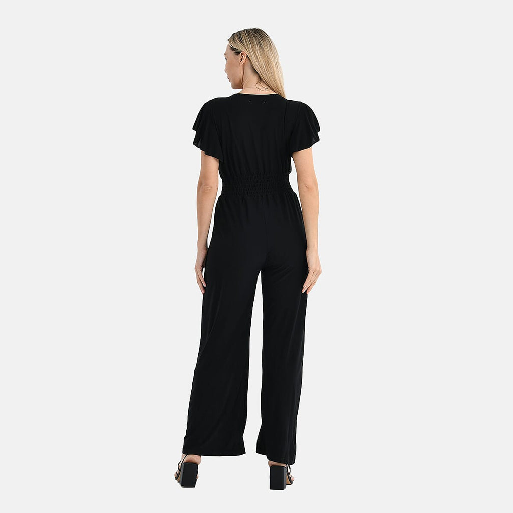- Maisi Smocked Waist Stretch Jersey V-Neck Jumpsuit (Size XL) - Black