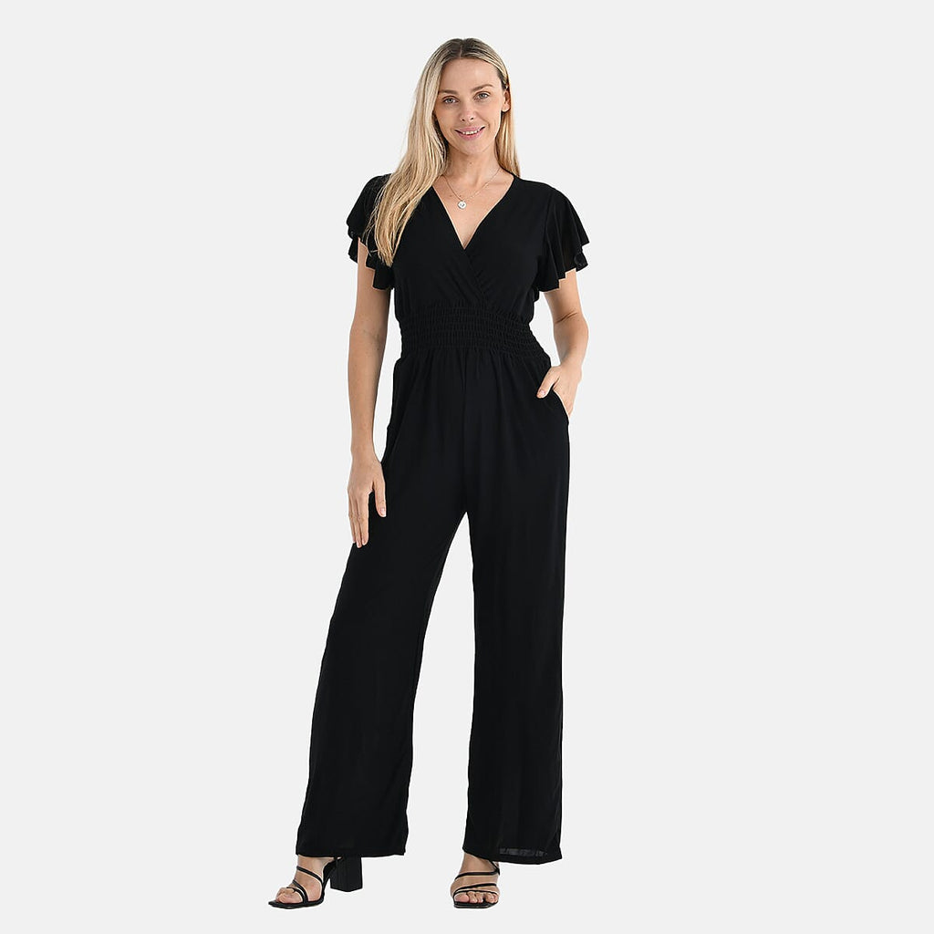 - Maisi Smocked Waist Stretch Jersey V-Neck Jumpsuit (Size XL) - Black