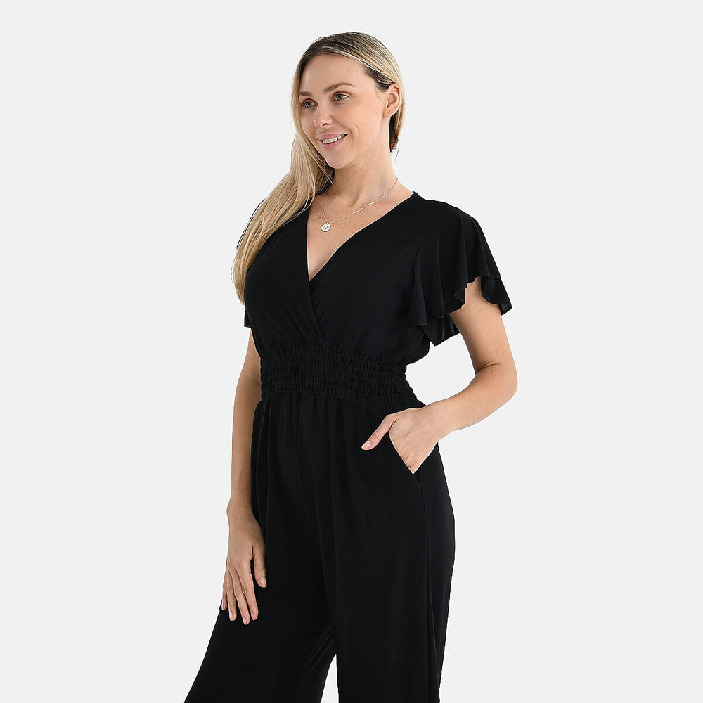 - Maisi Smocked Waist Stretch Jersey V-Neck Jumpsuit (Size XL) - Black