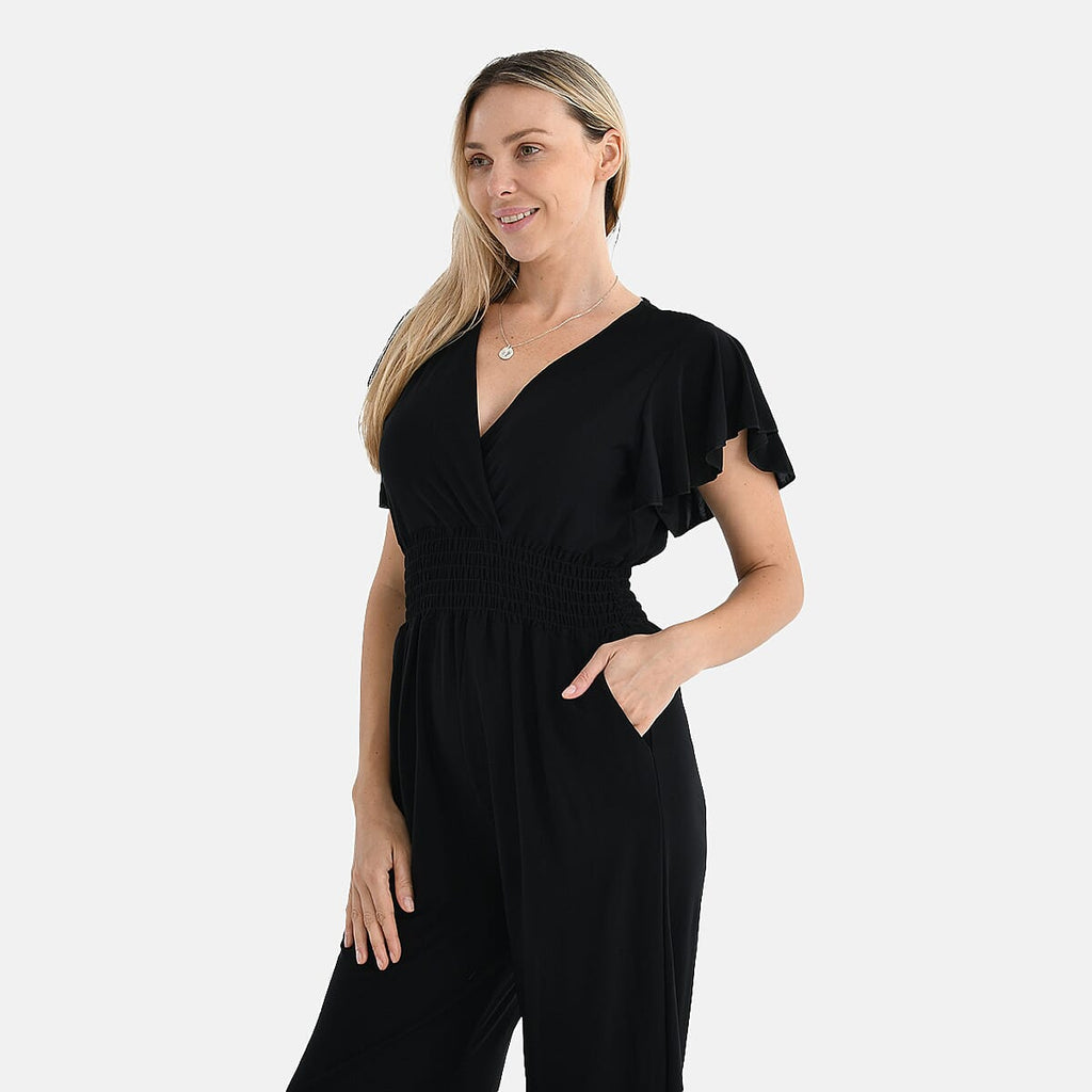 - Maisi Smocked Waist Stretch Jersey V-Neck Jumpsuit (Size XL) - Black