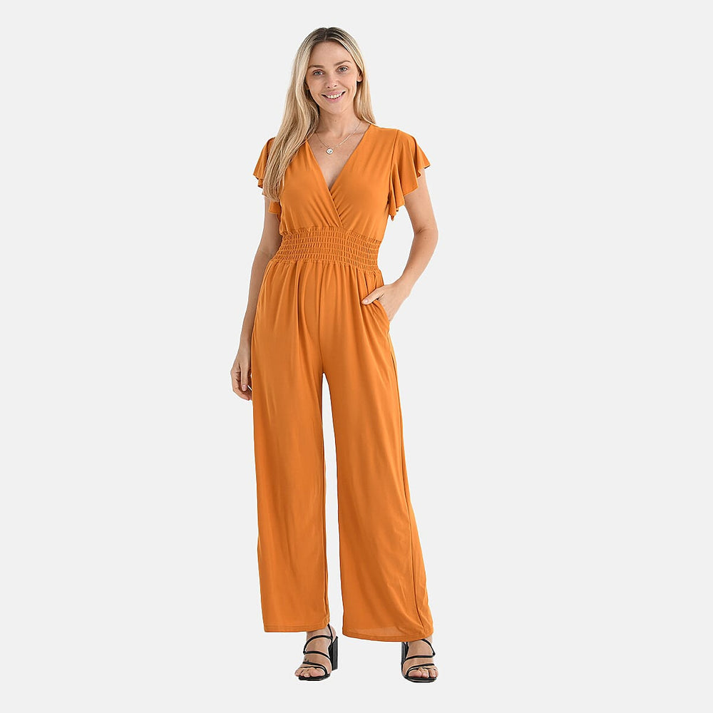 - Maisi Smocked Waist Stretch Jersey V-Neck Jumpsuit (Size XL) - Mustard