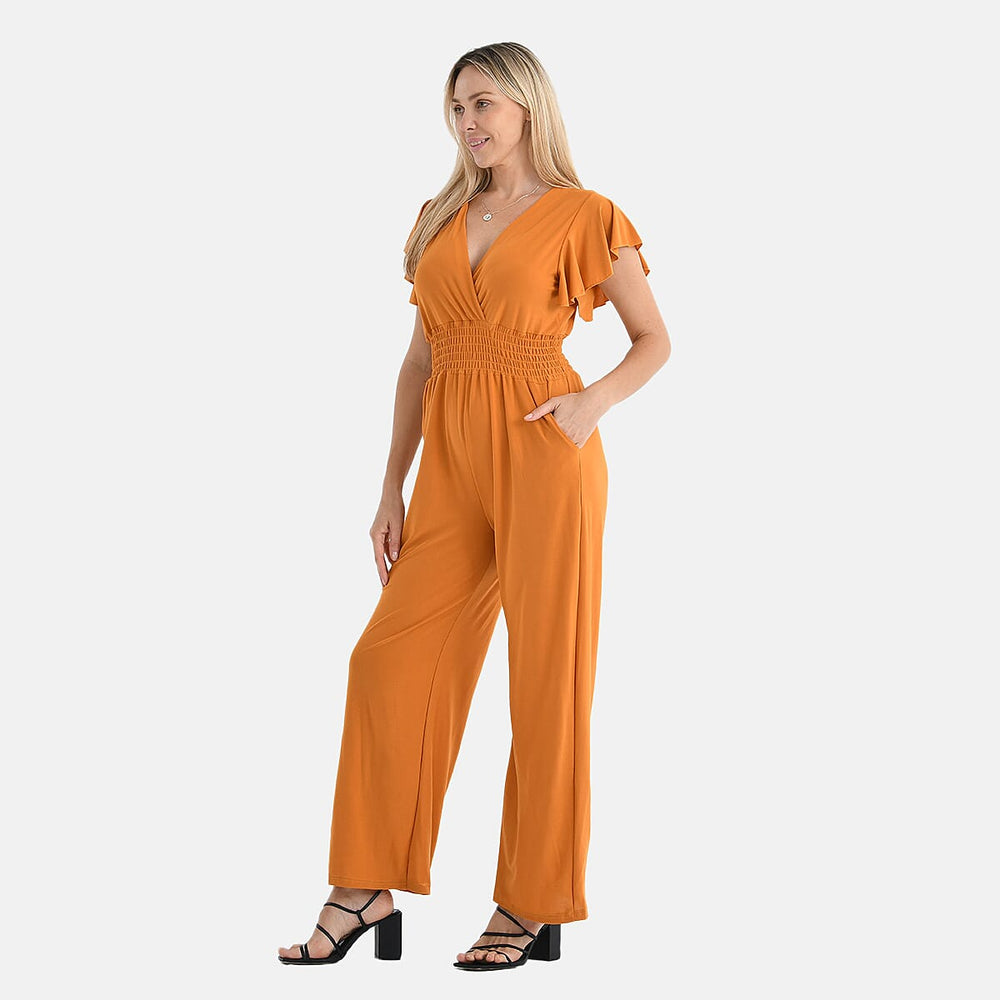 - Maisi Smocked Waist Stretch Jersey V-Neck Jumpsuit (Size XL) - Mustard