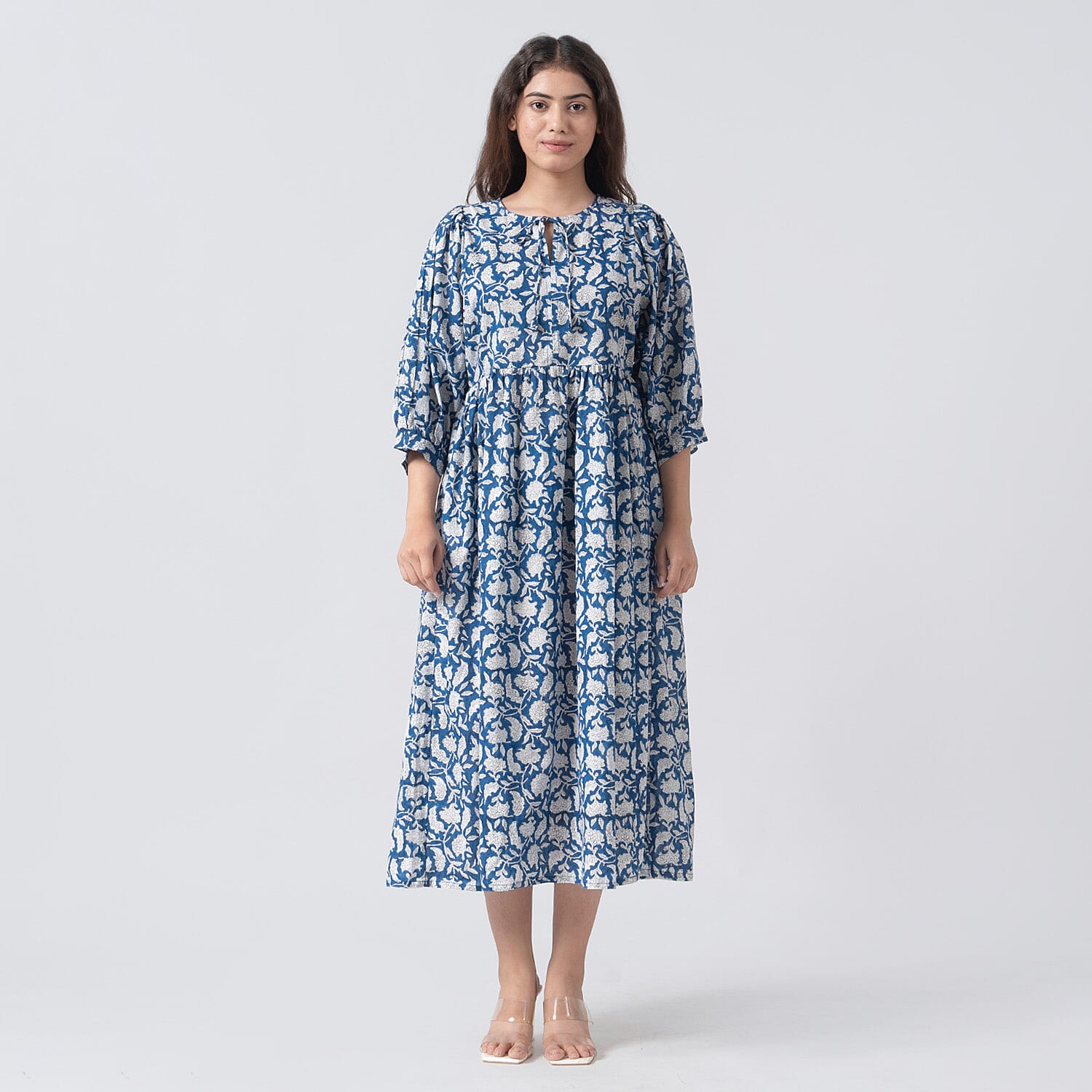La Marey 100% Cotton Cambric Hand Block Printed Dress with Tie Closer (Size 20 to 22) - Navy