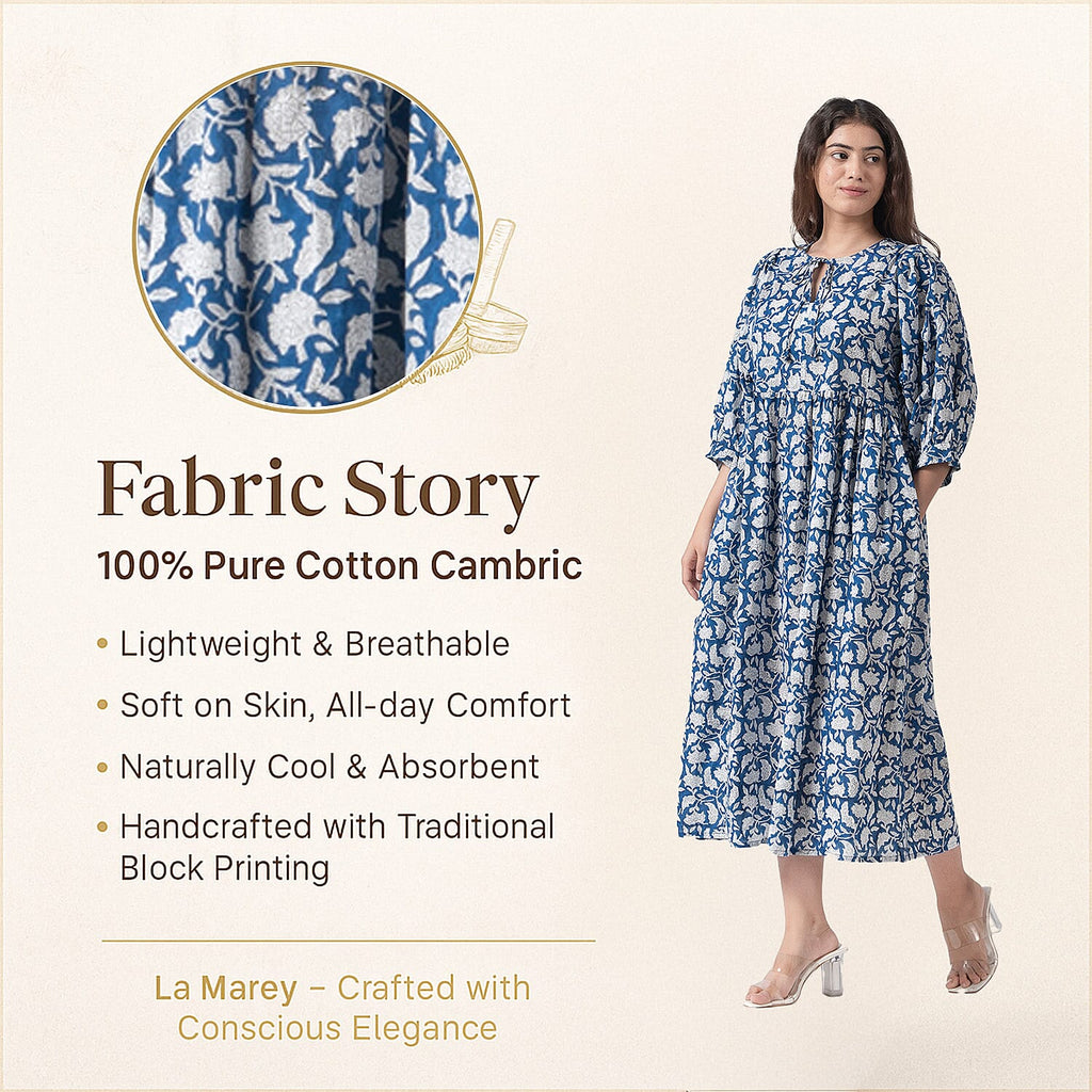 La Marey 100% Cotton Cambric Hand Block Printed Dress with Tie Closer (Size 20 to 22) - Navy