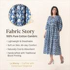 La Marey 100% Cotton Cambric Hand Block Printed Dress with Tie Closer (Size 20 to 22) - Navy