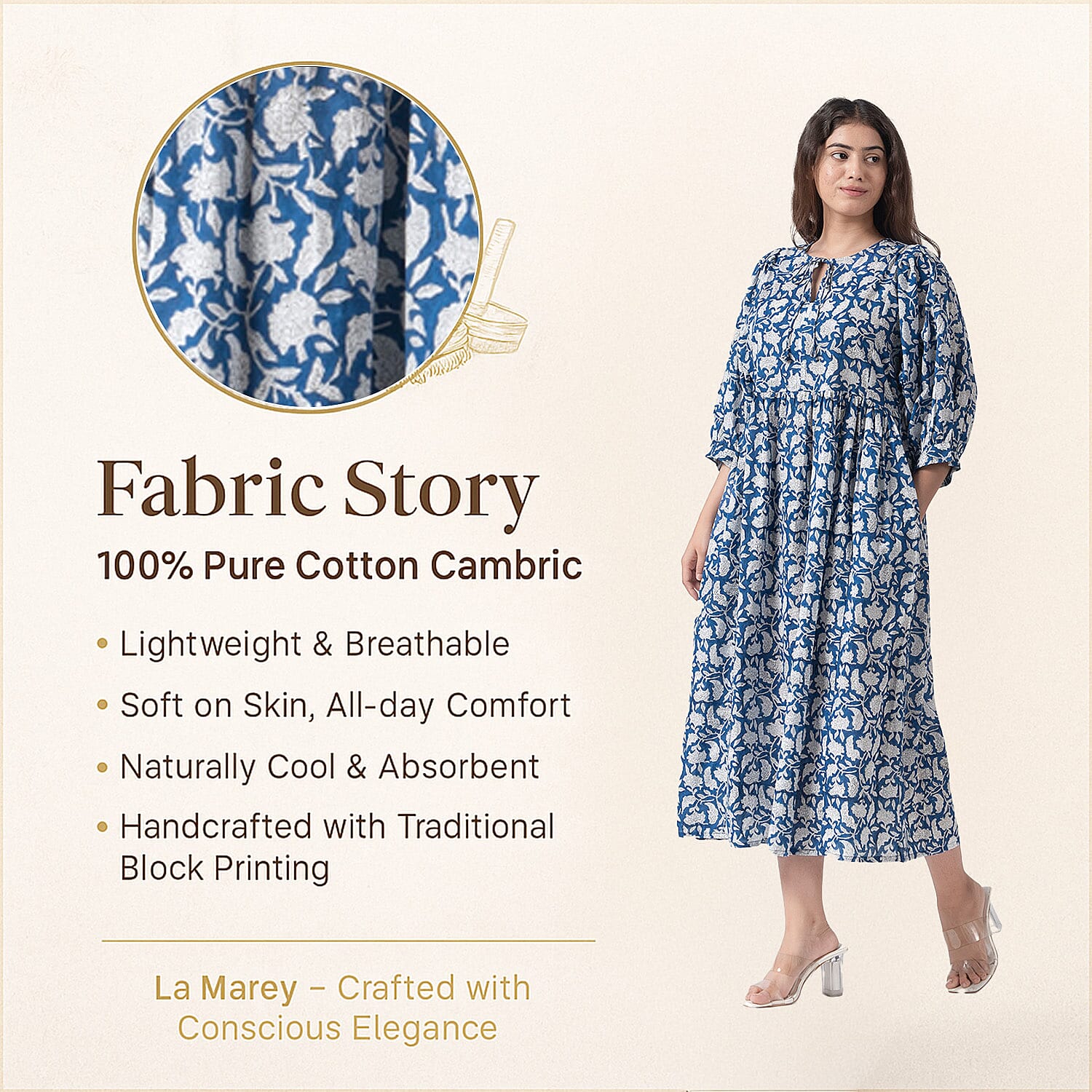 La Marey 100% Cotton Cambric Hand Block Printed Dress with Tie Closer (Size 20 to 22) - Navy