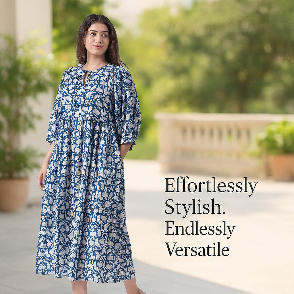 La Marey 100% Cotton Cambric Hand Block Printed Dress with Tie Closer (Size 20 to 22) - Navy