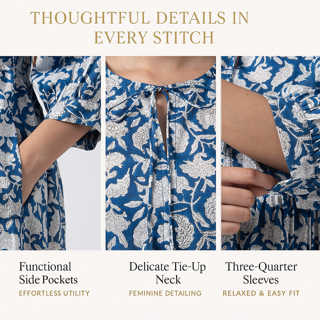La Marey 100% Cotton Cambric Hand Block Printed Dress with Tie Closer (Size 20 to 22) - Navy