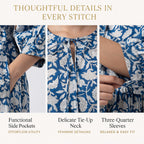 La Marey 100% Cotton Cambric Hand Block Printed Dress with Tie Closer (Size 20 to 22) - Navy
