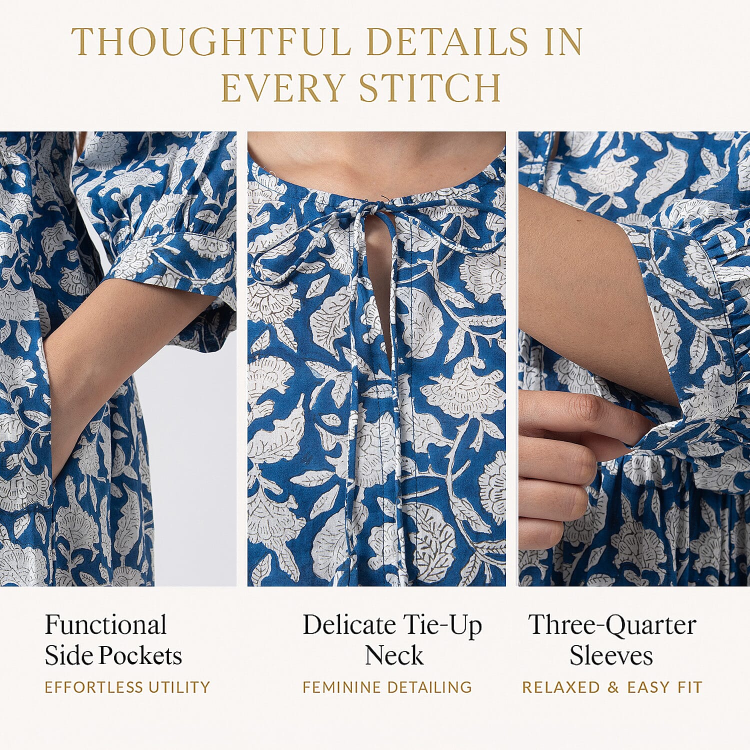 La Marey 100% Cotton Cambric Hand Block Printed Dress with Tie Closer (Size 20 to 22) - Navy