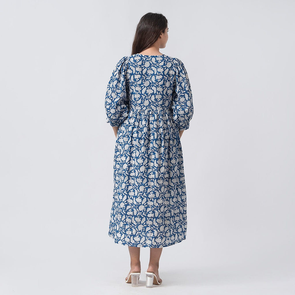 La Marey 100% Cotton Cambric Hand Block Printed Dress with Tie Closer (Size 20 to 22) - Navy