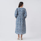 La Marey 100% Cotton Cambric Hand Block Printed Dress with Tie Closer (Size 20 to 22) - Navy