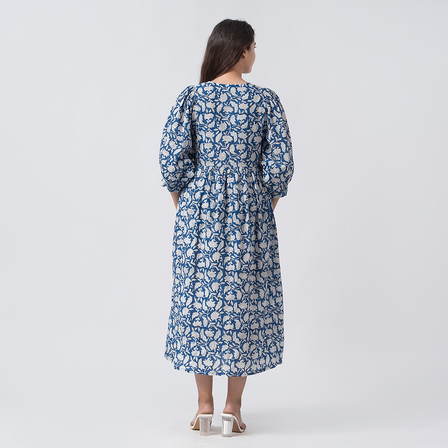 La Marey 100% Cotton Cambric Hand Block Printed Dress with Tie Closer (Size 20 to 22) - Navy