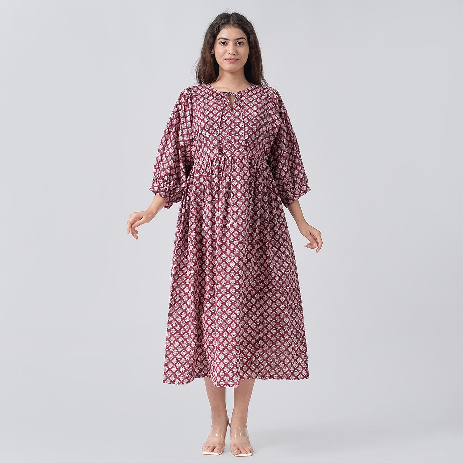 La Marey 100% Cotton Cambric Hand Block Printed Dress with Tie Closer (Size 8 to 10) - Burgundy