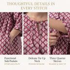 La Marey 100% Cotton Cambric Hand Block Printed Dress with Tie Closer (Size 8 to 10) - Burgundy