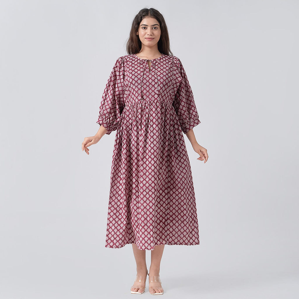 La Marey 100% Cotton Cambric Hand Block Printed Dress with Tie Closer (Size 24 to 46) - Burgundy