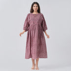 La Marey 100% Cotton Cambric Hand Block Printed Dress with Tie Closer (Size 24 to 46) - Burgundy
