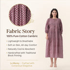 La Marey 100% Cotton Cambric Hand Block Printed Dress with Tie Closer (Size 24 to 46) - Burgundy