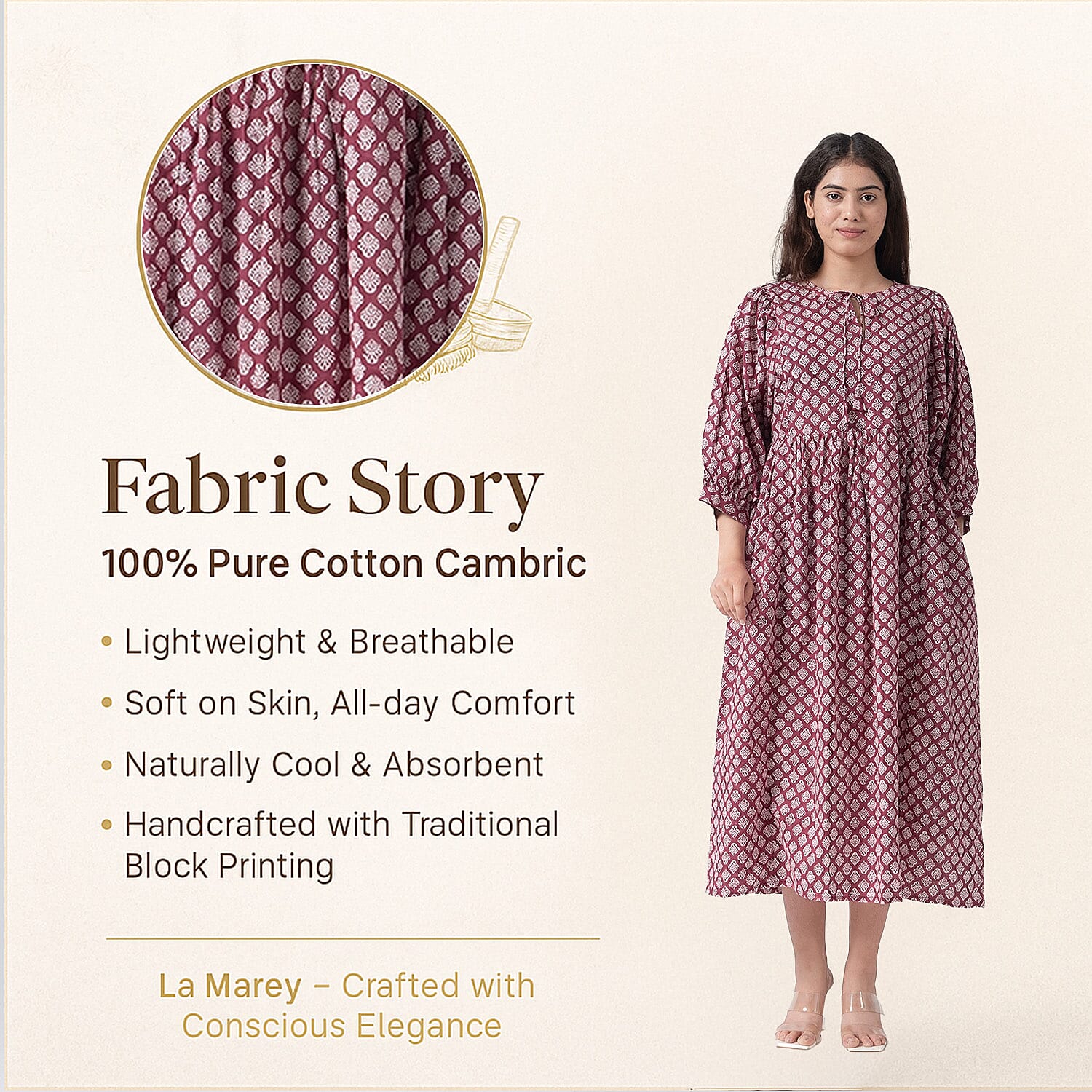 La Marey 100% Cotton Cambric Hand Block Printed Dress with Tie Closer (Size 24 to 46) - Burgundy