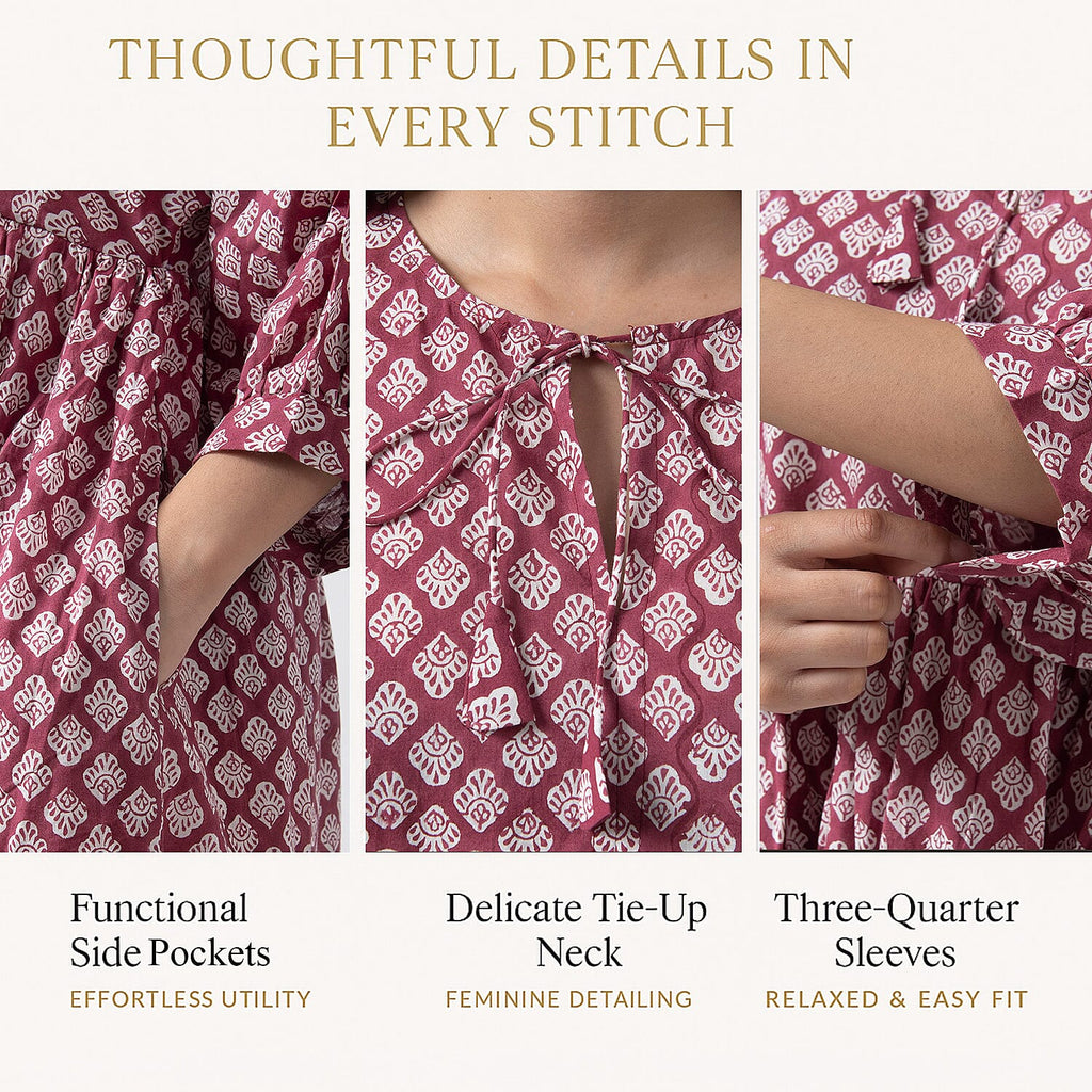La Marey 100% Cotton Cambric Hand Block Printed Dress with Tie Closer (Size 24 to 46) - Burgundy