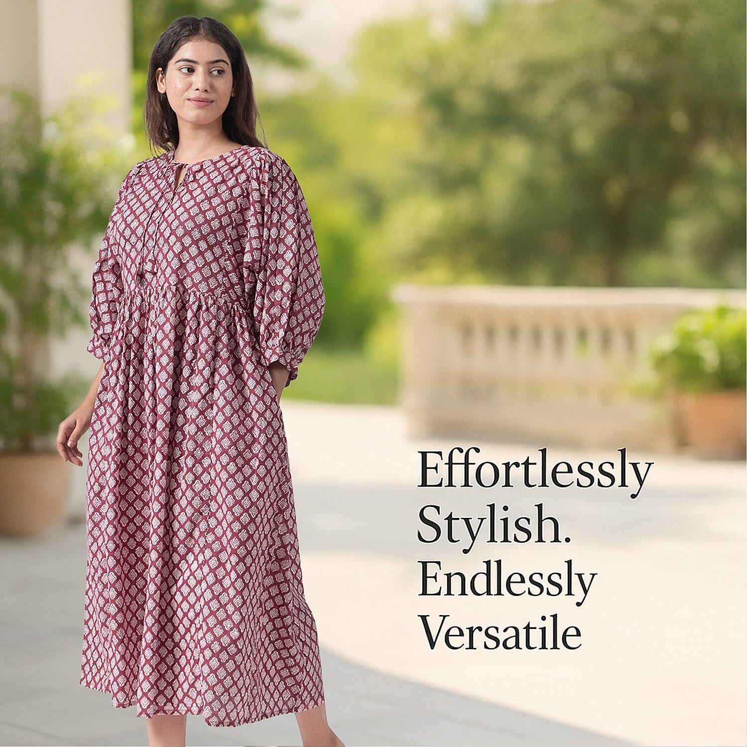 La Marey 100% Cotton Cambric Hand Block Printed Dress with Tie Closer (Size 24 to 46) - Burgundy