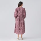 La Marey 100% Cotton Cambric Hand Block Printed Dress with Tie Closer (Size 24 to 46) - Burgundy