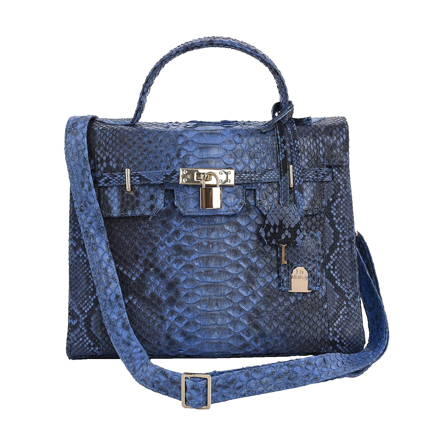 La Marey- Snakeskin Leather Satchel Bag with Adjustable Shoulder Strap (Size 30x23x13 Cm) - Light Blue
