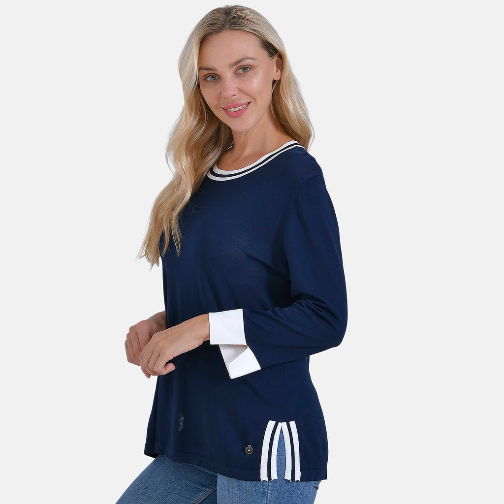 La Marey Round Neck Quarter Sleeve Jersey Jumper (Size L) - Navy & Yellow