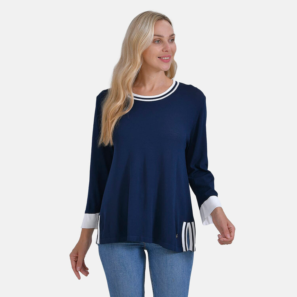 La Marey Round Neck Quarter Sleeve Jersey Jumper (Size L) - Navy & Yellow