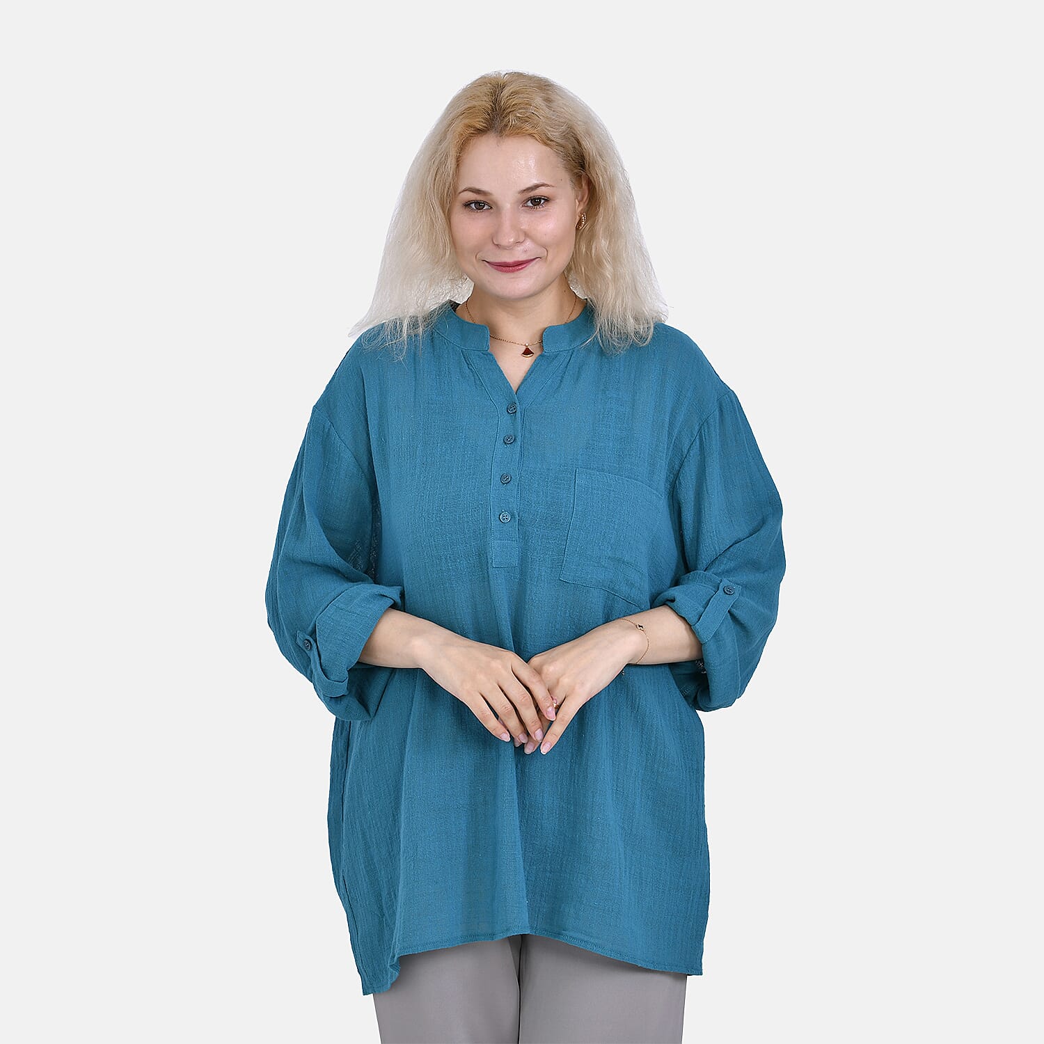 La Marey Cotton Blend 3-4 Sleeve Blouse (Size XL) - Blue