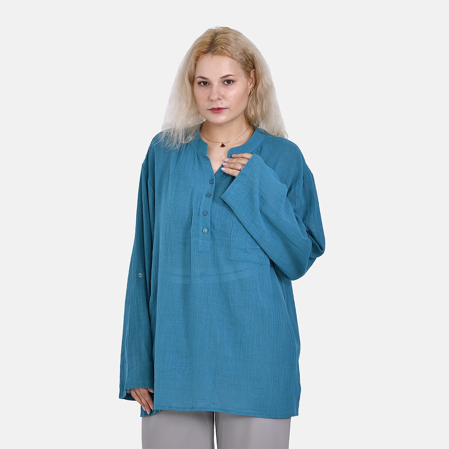 La Marey Cotton Blend 3-4 Sleeve Blouse (Size XL) - Blue