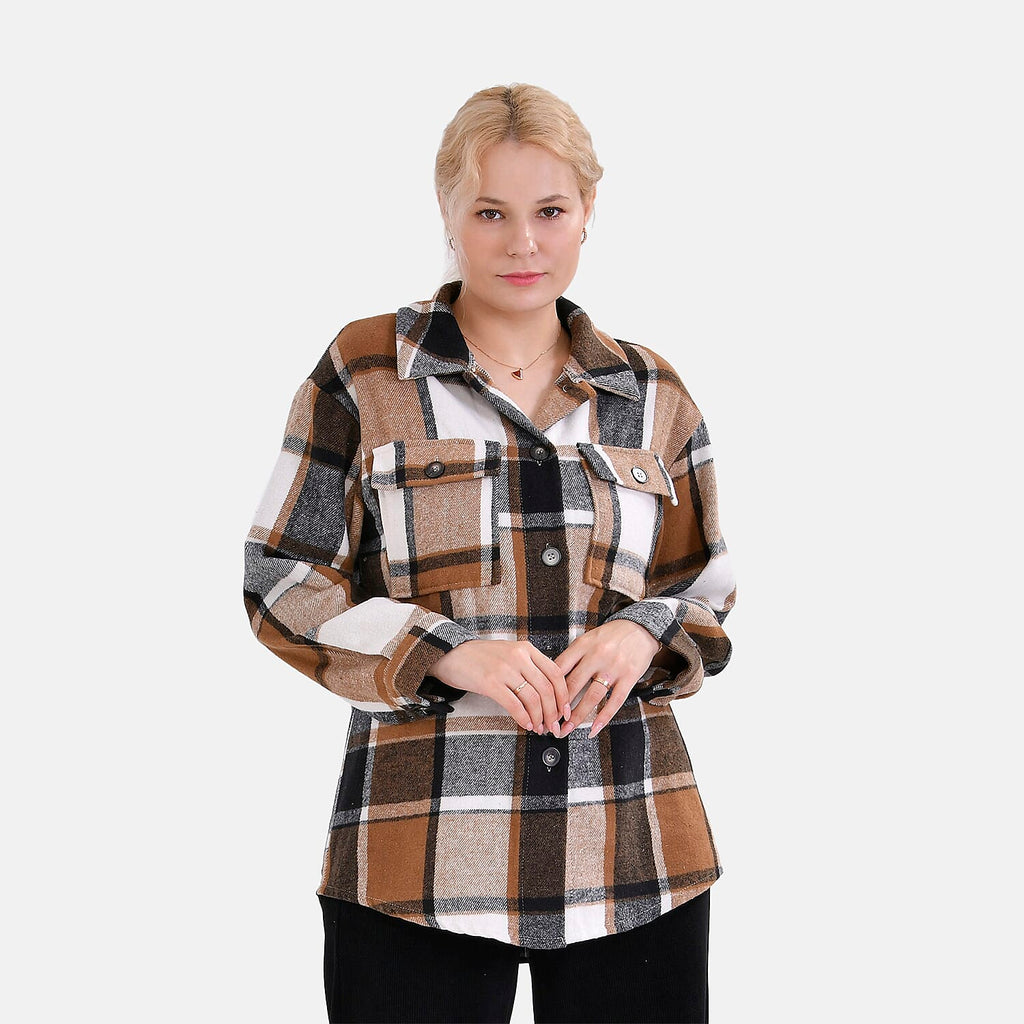 La Marey Check Pattern Long Length Shirt (Size XL) - Brown