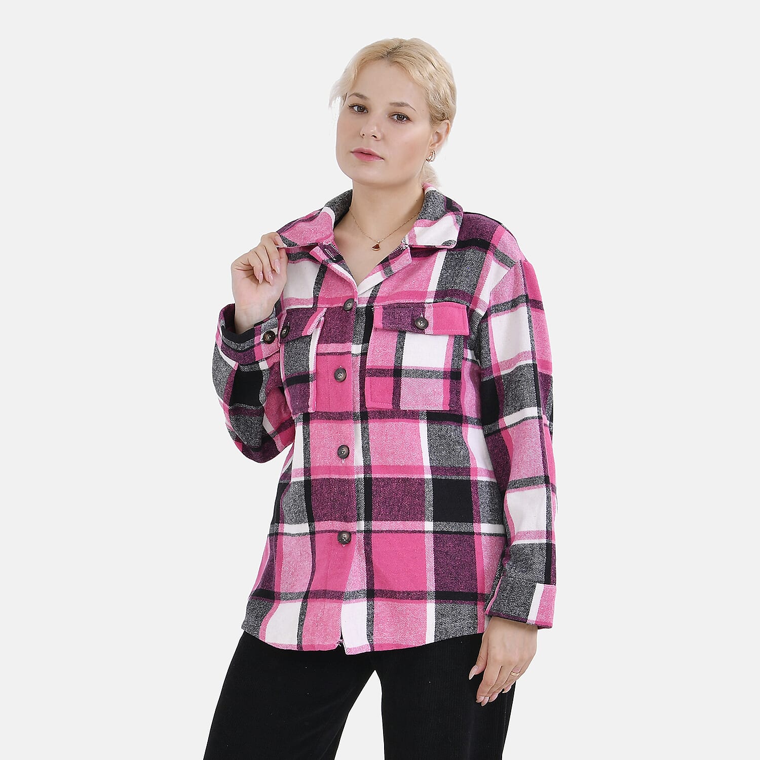 La Marey Check Pattern Long Length Shirt (Size L) - Pink