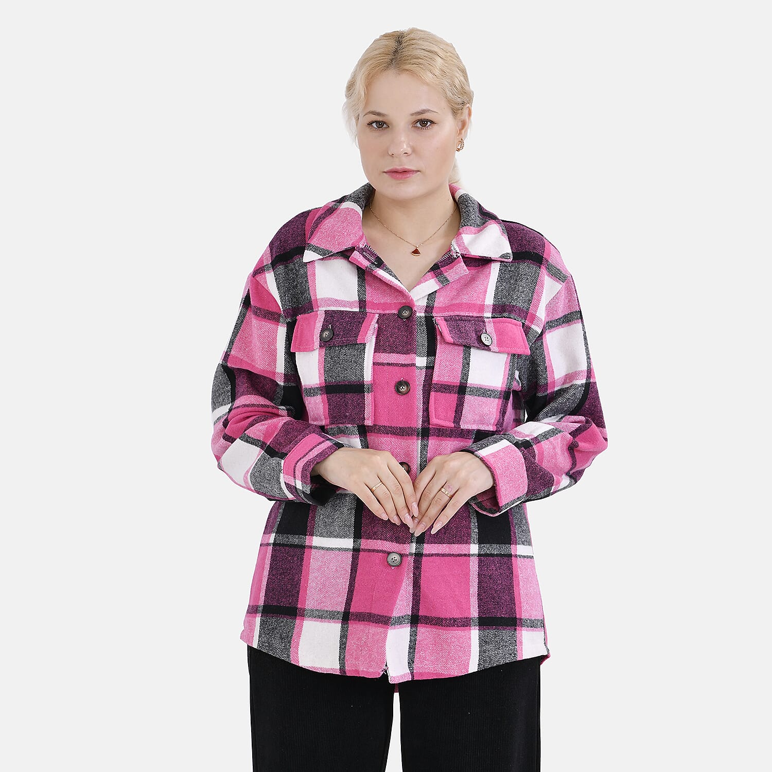 La Marey Check Pattern Long Length Shirt (Size XL) - Pink