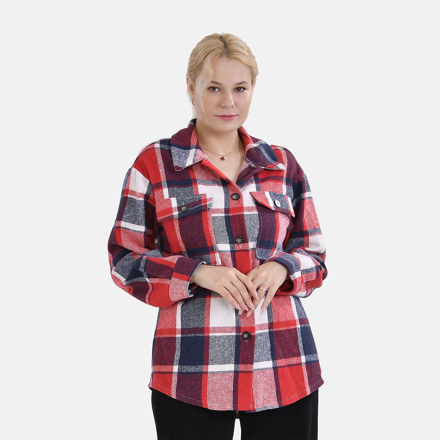 La Marey Check Pattern Long Length Shirt (Size M) - Red