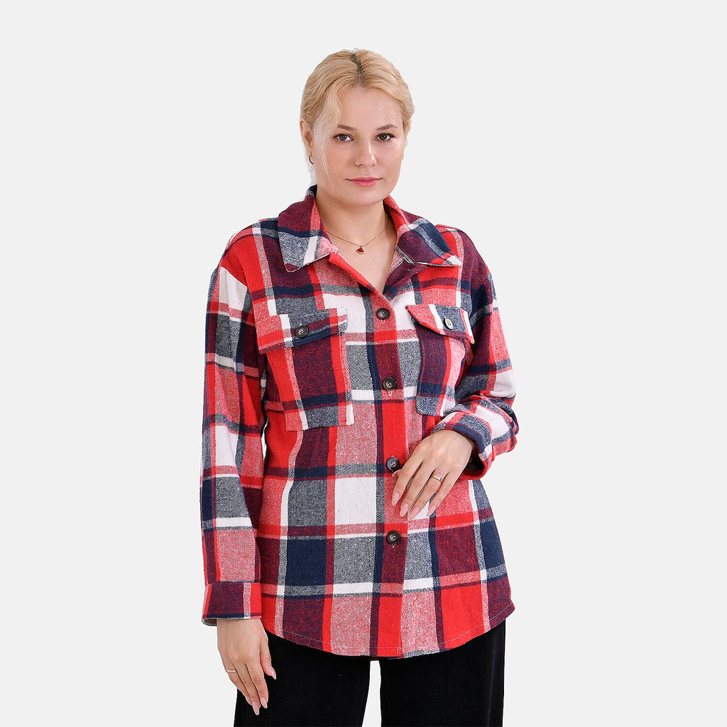 La Marey Check Pattern Long Length Shirt (Size L) - Red