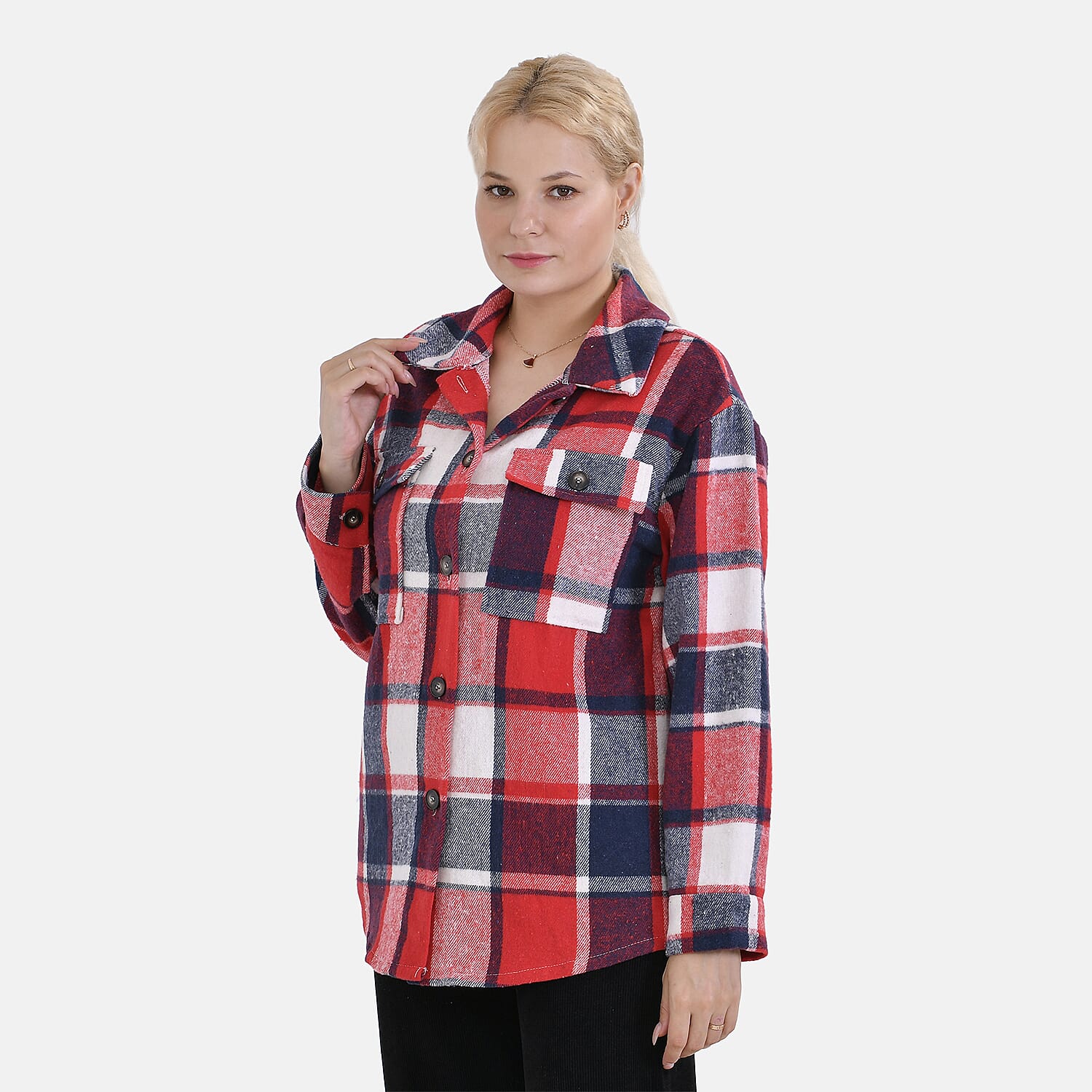 La Marey Check Pattern Long Length Shirt (Size L) - Red
