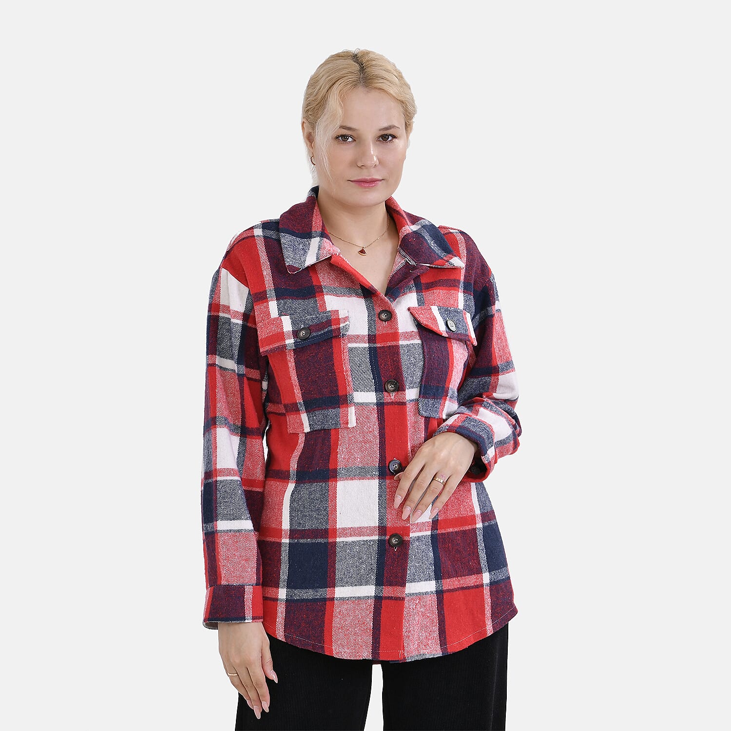La Marey Check Pattern Long Length Shirt (Size XL) - Red