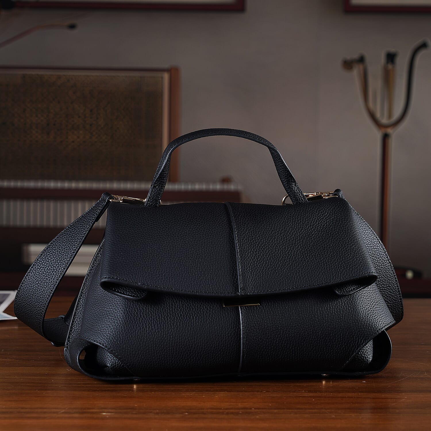 La Marey Signature Minimalist Sculptural Top Handle Handbag with Crossbody Strap - Black
