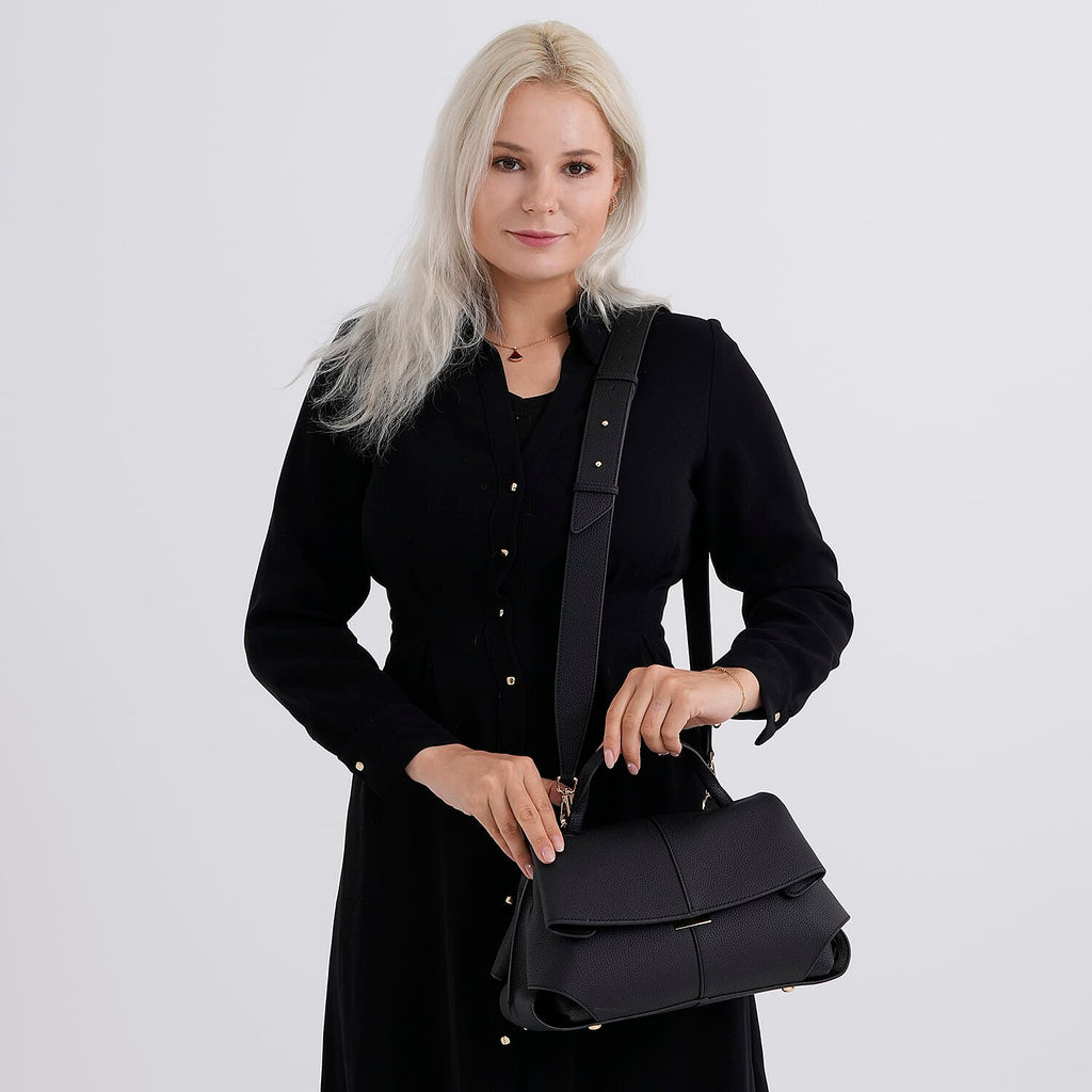 La Marey Signature Minimalist Sculptural Top Handle Handbag with Crossbody Strap - Black