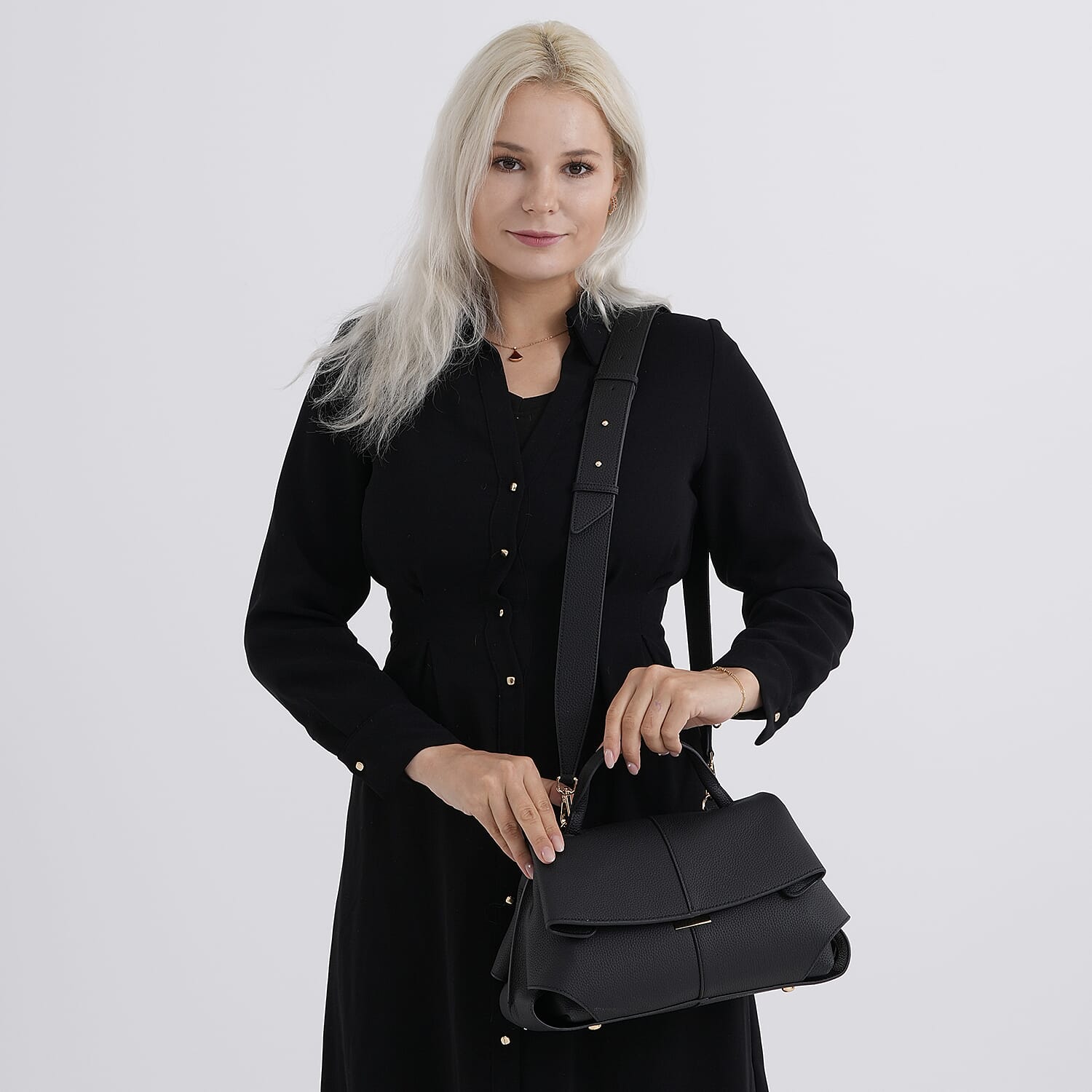 La Marey Signature Minimalist Sculptural Top Handle Handbag with Crossbody Strap - Black